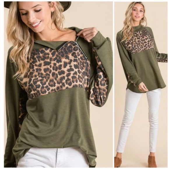 Olive Leopard Raglan Zipper Pullover Top - Picture 3 of 11